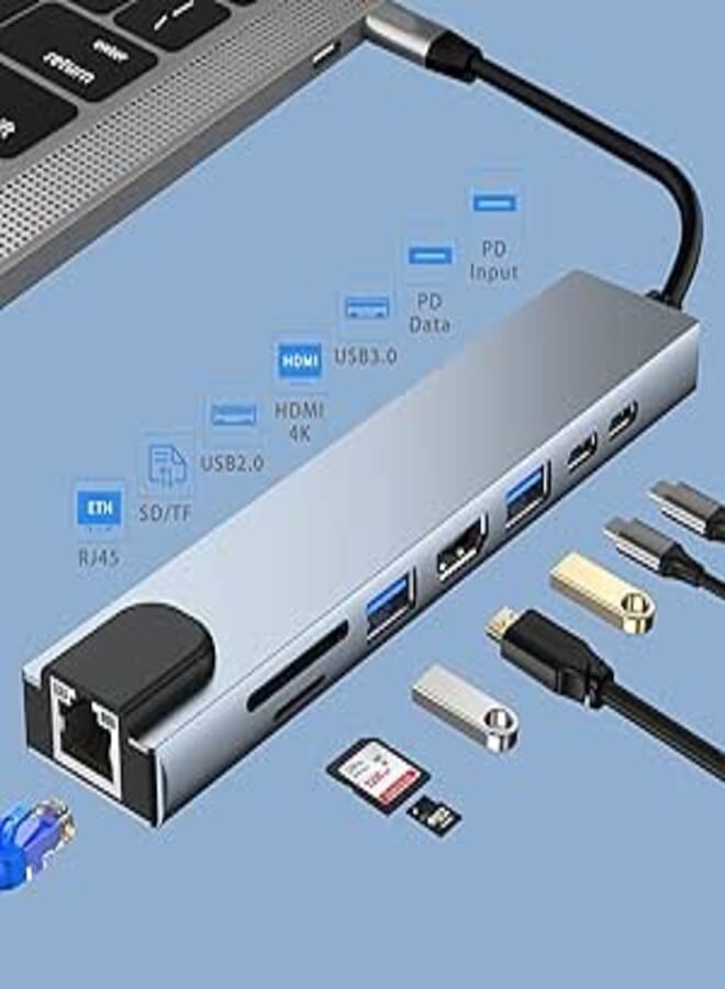 USB C Hub, 8-in-1 Aluminum Multiport Adapter for MacBook Pro/Air and Type-C Devices with 4K@30Hz HDTV, PD 87W, USB 1.1,2.0, 3.0 Ports, SD/TF, Data Transfer (8 in 1)